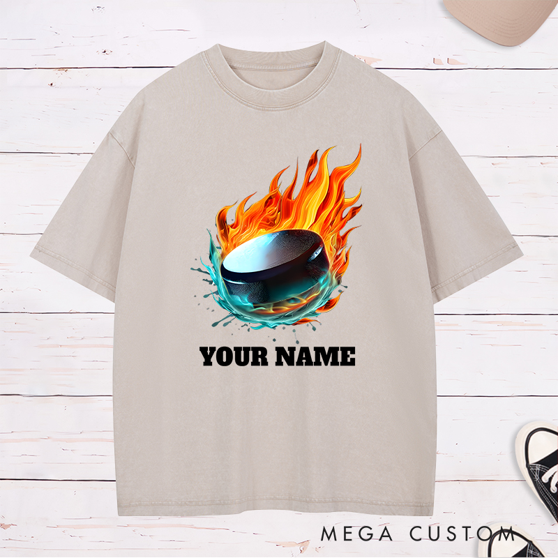 Personalized Flaming Hockey Puck Washed T-Shirt with Custom Name  