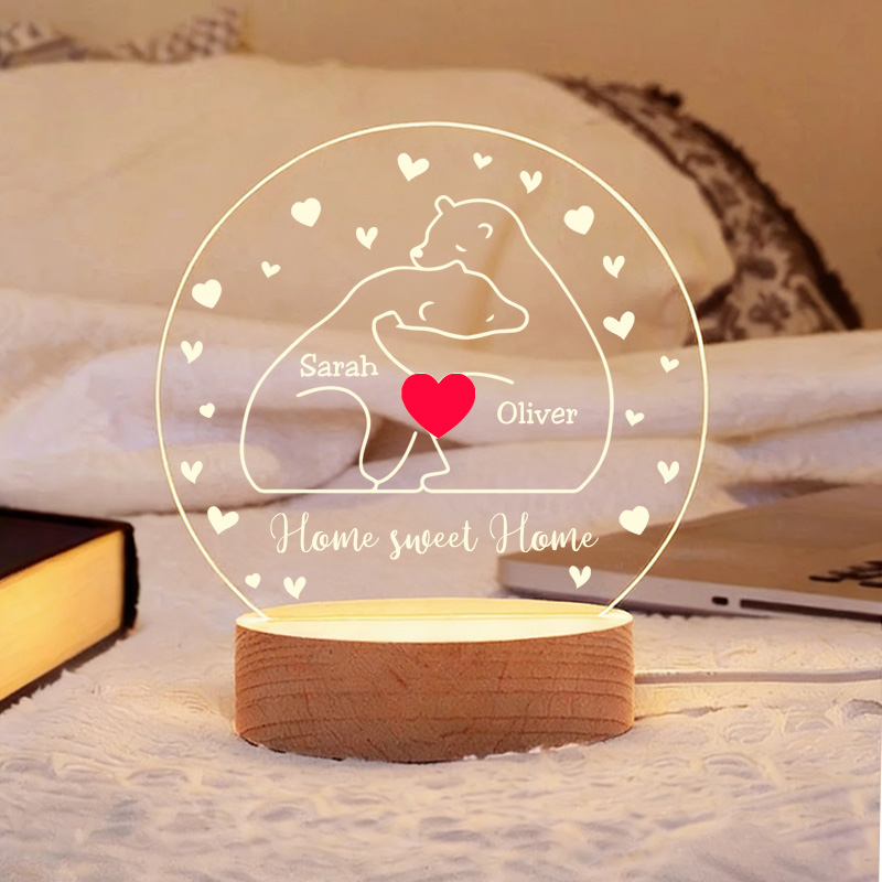 Personalized Heart Bear Family Acrylic LED Night Light with Wooden Base and Text Home Decor Gift for Mom Dad Family Bedroom Living Room Decor