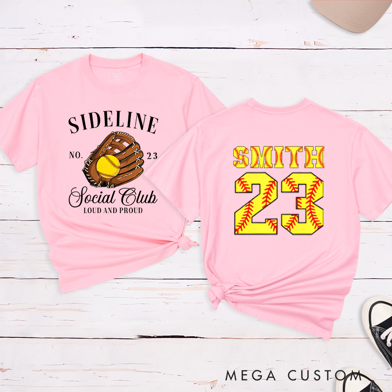 Personalized Softball Sideline Social Club T-Shirt with Custom Name and Number Perfect Gift for Proud Fans Supporters and Players