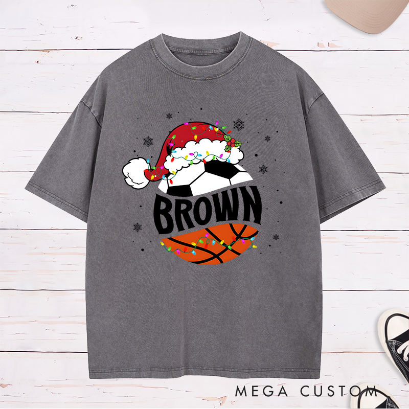 Personalized Washed T-Shirt with Custom Name, Basketball, Soccer Ball, and Santa Hat Holiday Design