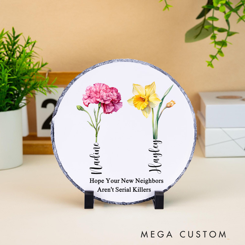 Personalized New Home Decorative Plaque Custom Floral Design with Names and Humorous Quote Tabletop Display Perfect for Housewarming Gift Unique Home Decor Keepsake