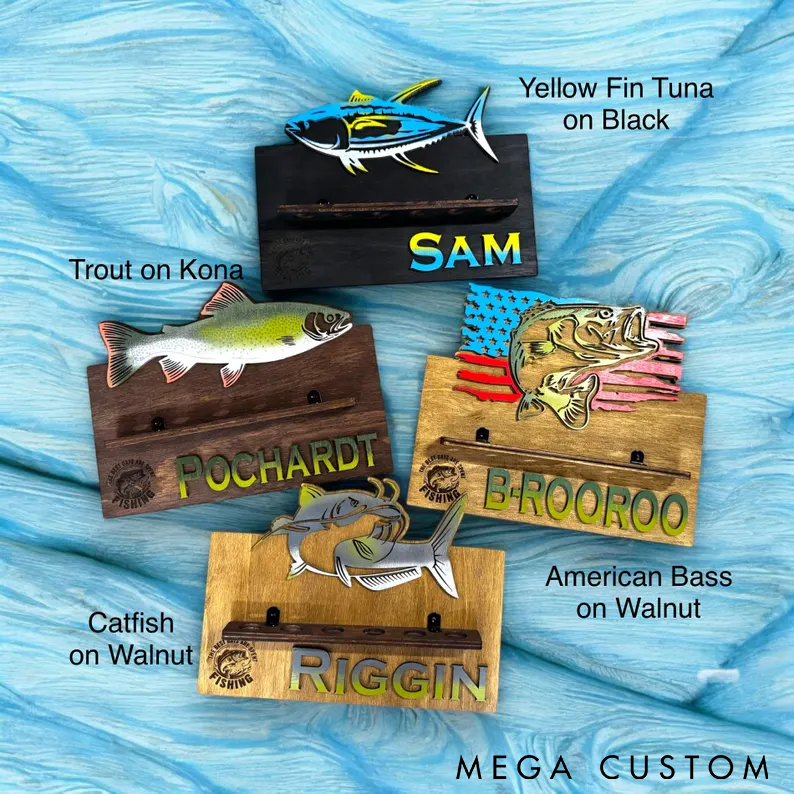 Personalized Fishing Rod Holder Wall Mount Custom Name Wooden Rack with Fish Design Perfect for Organizing Gear and Fishing Enthusiast Gifts