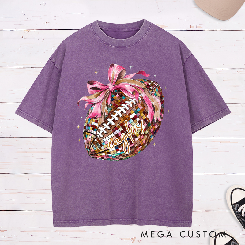 Personalized American Football and Rugby Pink Disco Washed T-Shirts with Custom Name,Cute Girly Football Gift for Women