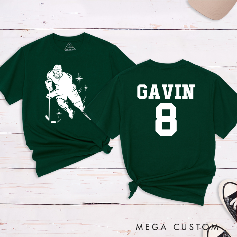 Personalized Hockey Player Silhouette T-Shirt with Custom Name and Number