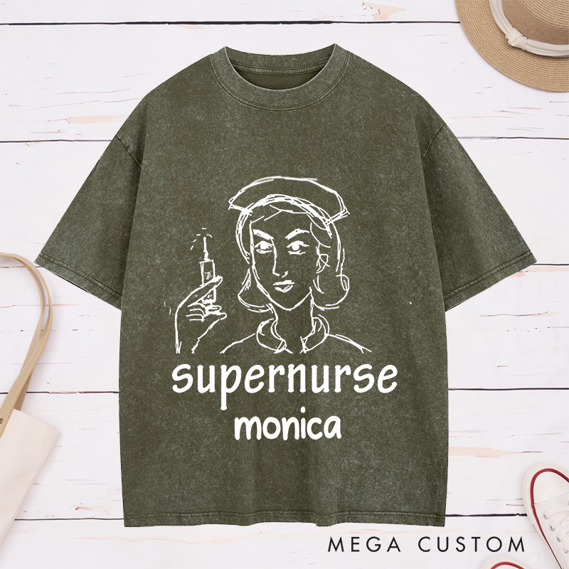 Personalized Nurse Washed T-Shirt Customized Supernurse Design Washed T-Shirt 
