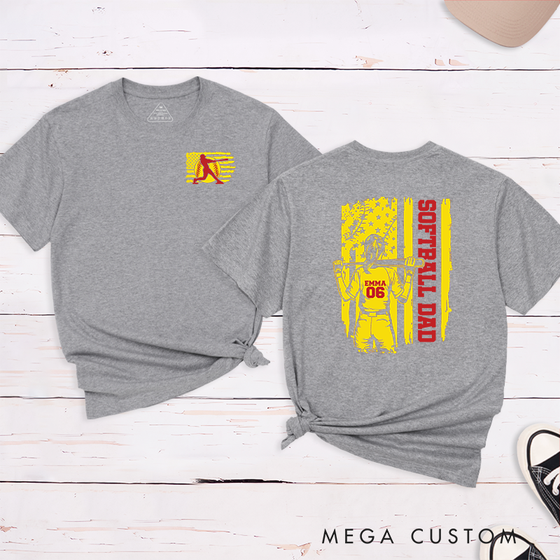 Personalized Softball Dad T-Shirt Design Featuring Player Silhouette Custom Name and Number with Bold Patriotic Graphic