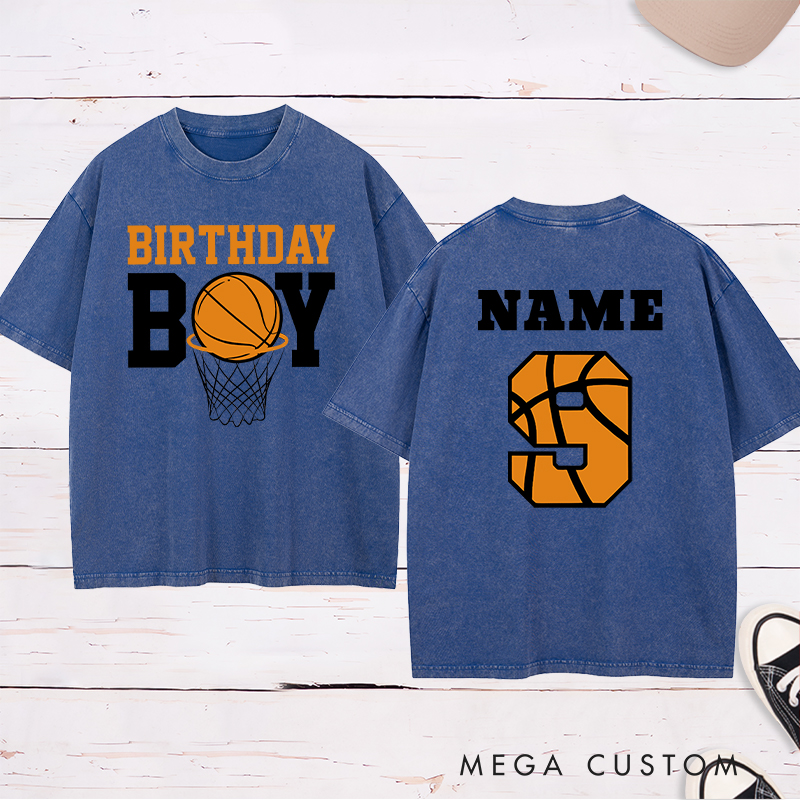 Personalized Washed T-Shirt Design Featuring a Basketball Birthday Theme with Customizable Name and Age for a Fun and Unique Celebration