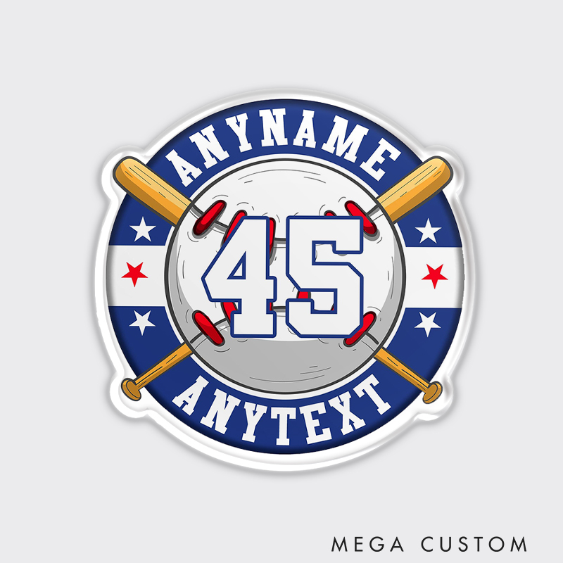 Personalized Sports Fridge Magnet Featuring Team Name, Number, and Star Accents  