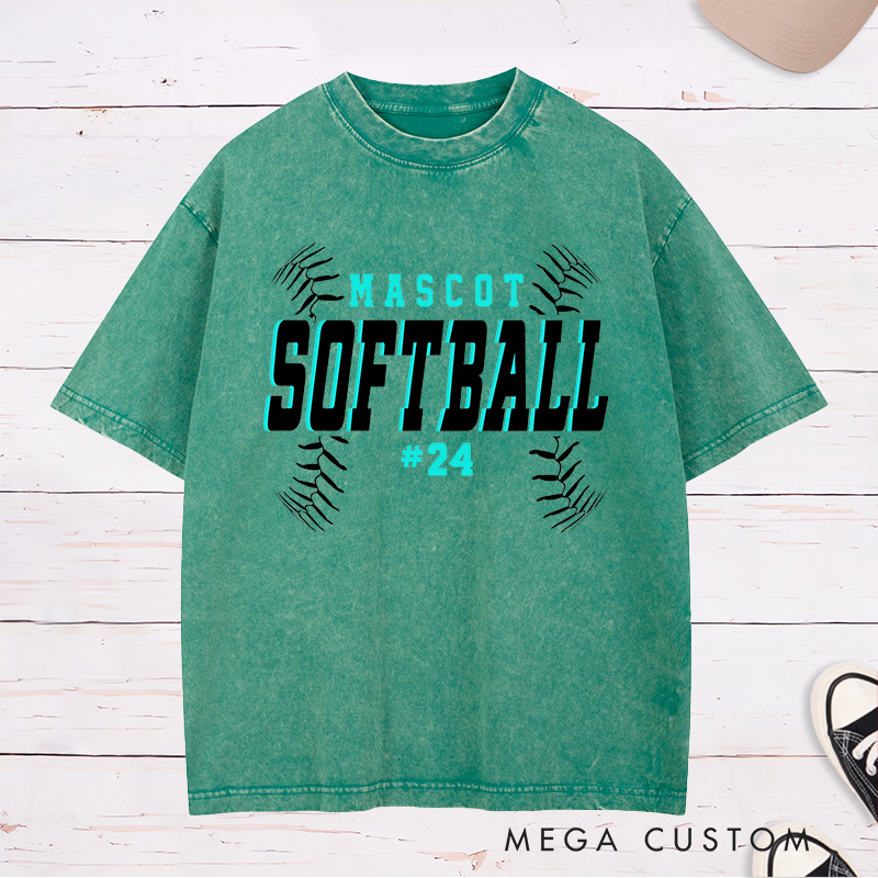Personalized Softball Washed T-Shirt Team Design Featuring Bold Fixed Text a Dynamic Softball Stitching Graphic and Customizable Team Name and Player Number