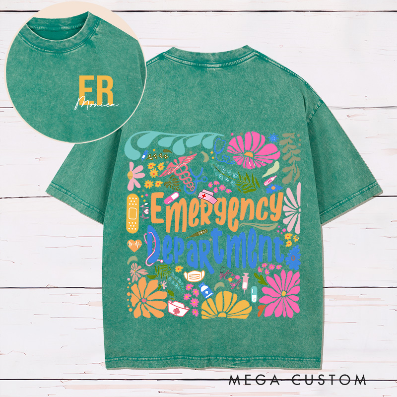 Personalized Two Sides Printed Washed T-Shirt Customized Emergency Department Vibrant Floral Design Washed T-Shirt 
