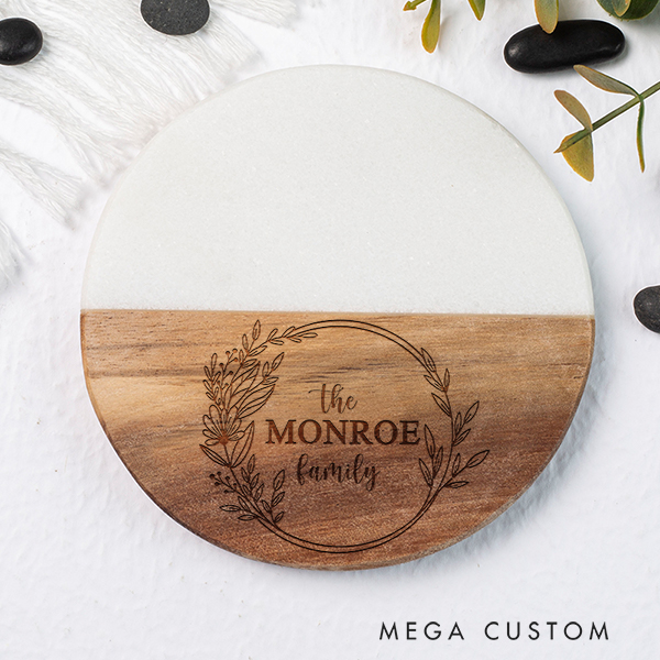 Personalized Floral Wreath Family Coaster Custom Marble Wooden Coaster Housewarming Gifts New Home Gift Christmas Gifts Home Decor