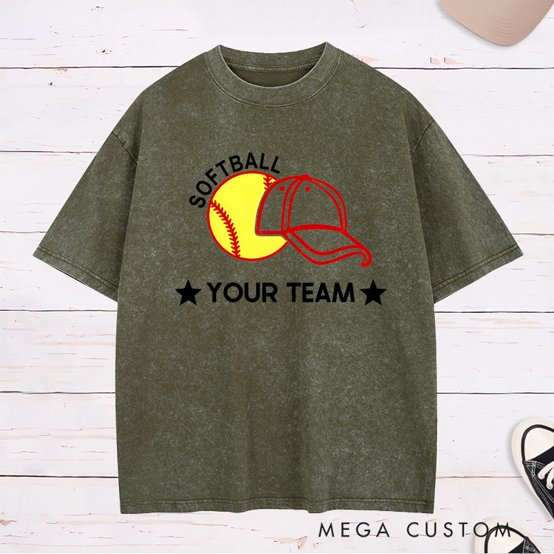 Personalized Softball Team Washed T-Shirt Design Featuring Customizable Team Name Bold Softball Graphic and Baseball Cap Element
