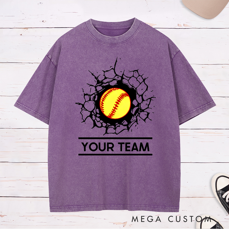 Personalized Softball Team Washed T-Shirt Design Featuring Customizable Team Name Bold Softball Graphic and Dynamic Cracked Wall Effect