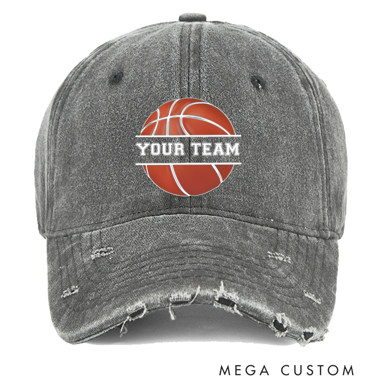 Personalized Distressed Denim Basketball Cap with Team Name and Bold Graphic Design