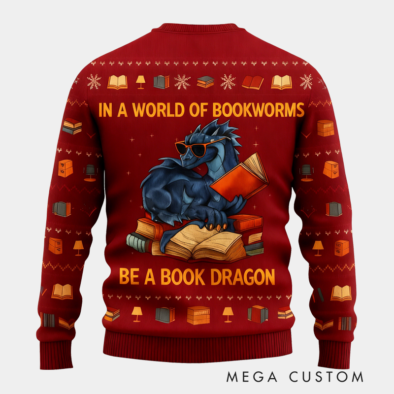 Personalized Funny Dinosaur Reading Ugly Christmas Sweater Gift for Librarians 