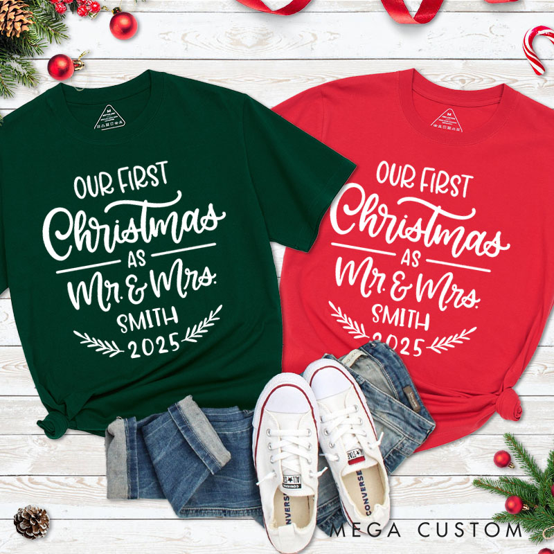 Personalized Couple Our First Christmas as Mr. & Mrs. Christmas T-Shirt Couple Xmas 2025 Matching T-Shirt for Husband Wife Boyfriend Girlfriend Tees