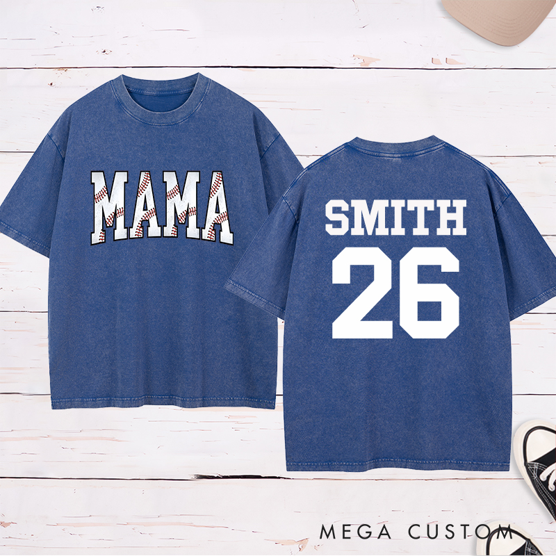Personalized Vintage-Style "Mama" Baseball Washed T-Shirt with Custom Name and Number
