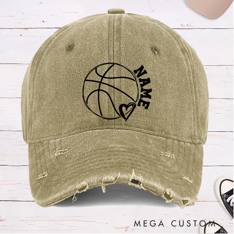 Personalized Distressed Denim Basketball Cap with Custom Name Heart and Basketball Graphic Design