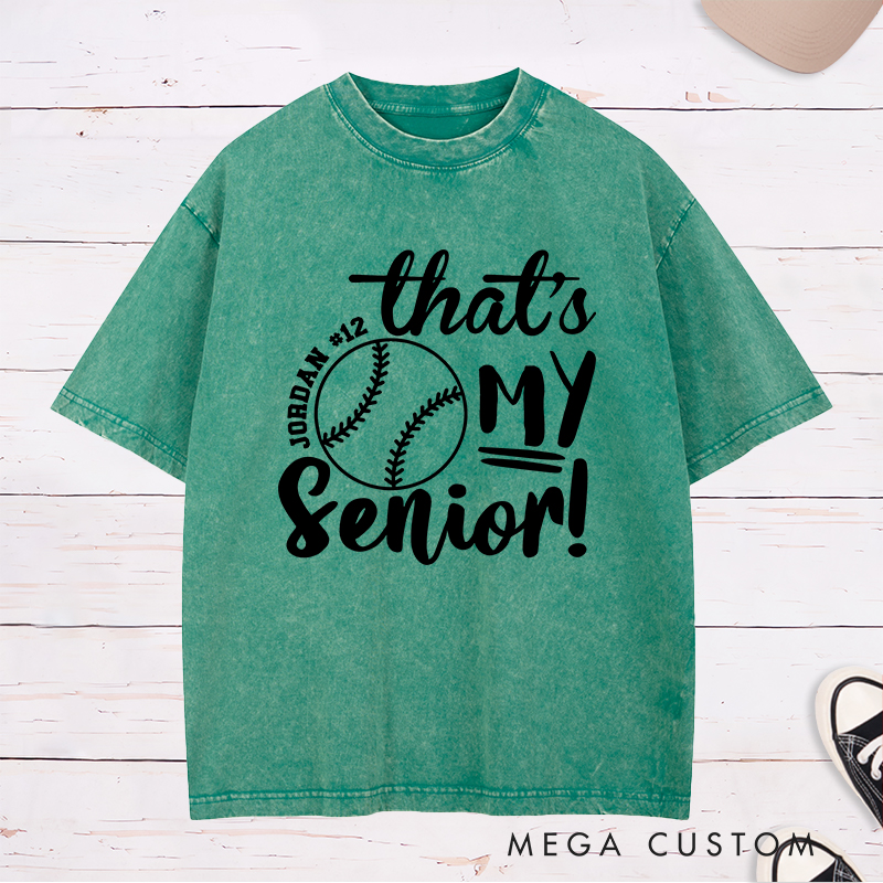 Personalized Senior Softball Spirit Washed T-Shirt Design Perfect for School Teams Featuring Custom Name Number and Bold Text with a Softball Graphic