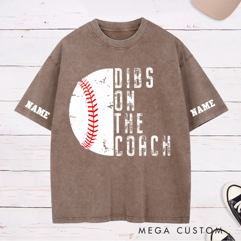 Personalized "Dibs on the Coach" Baseball Washed T-Shirt with Custom Name