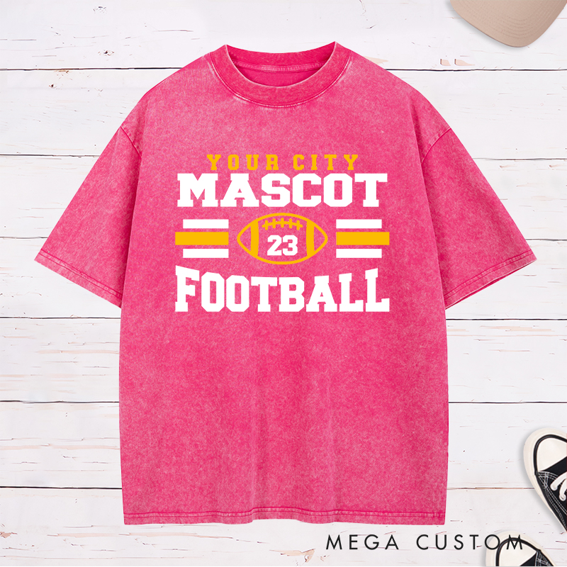 Personalized American Football Washed T-Shirts Featuring Custom Mascot, City and Number