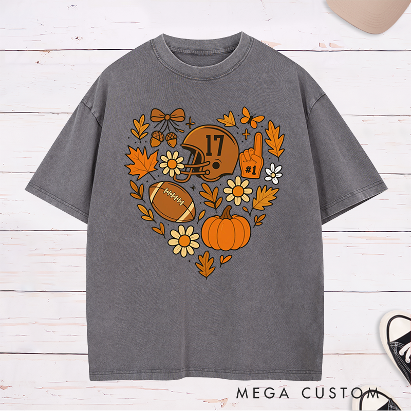Personalized American Football Heart-Shaped Design Washed T-Shirts Custom Nmuber