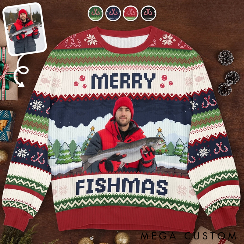 Personalized Merry Fishmas Ugly Sweater Fishing Ugly Christmas Sweater with Photo Funny Gift for Anglers Festive Holiday Fishing Apparel