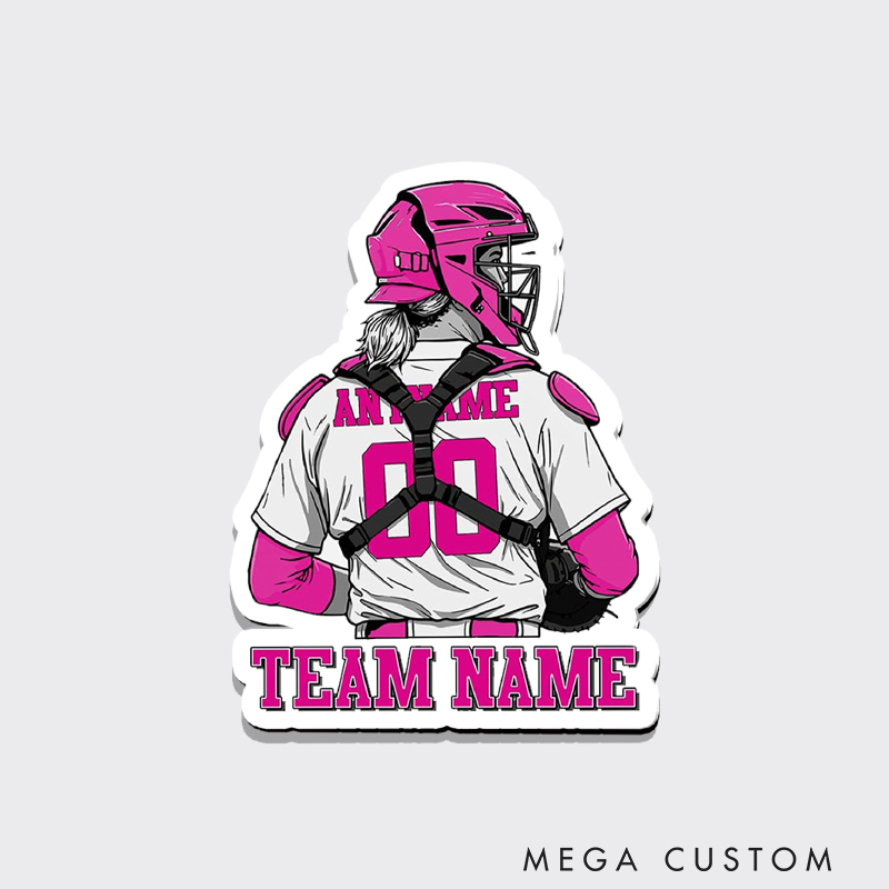 Personalized Baseball Fan Fridge Magnet with Catcher Design and Customizable Details 