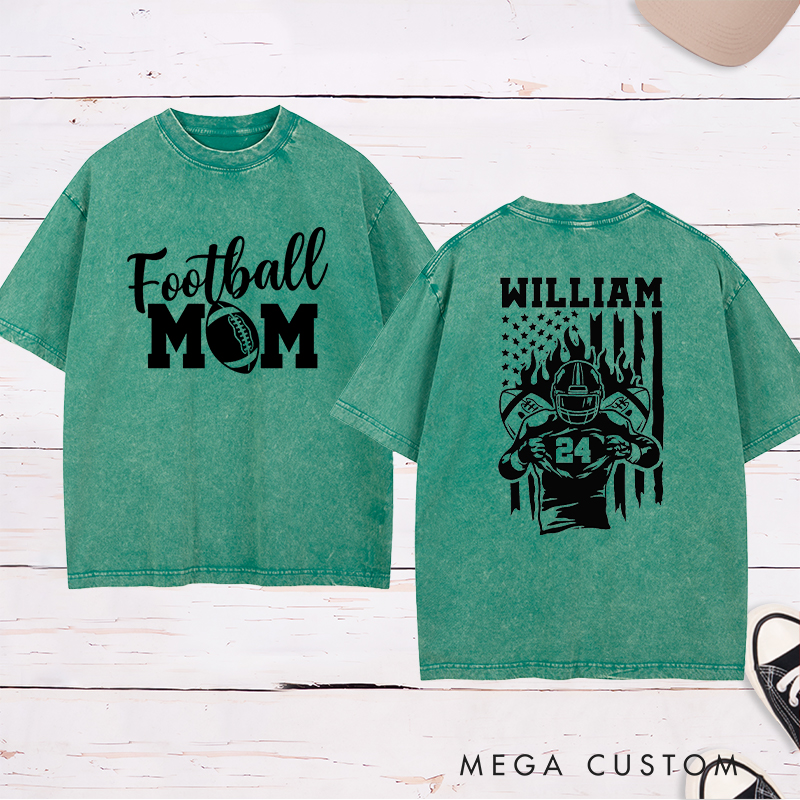 Personalized American Football Mom Washed T-Shirts Featuring Custom Team Name and Number for Proudly Supporting Your Star Player