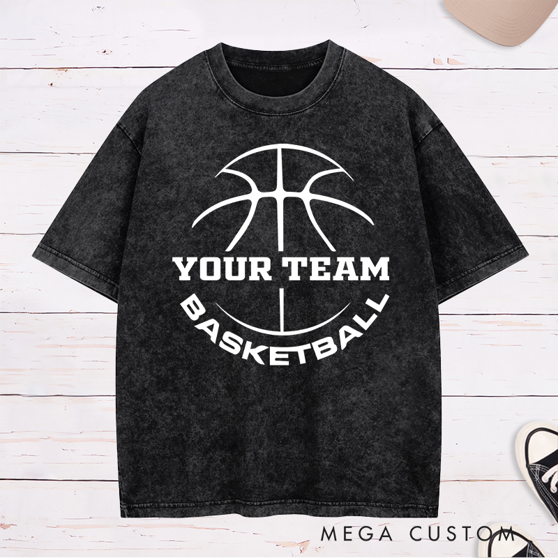 Personalized Washed T-Shirt Design Featuring a Basketball Outline with Customizable Team Name