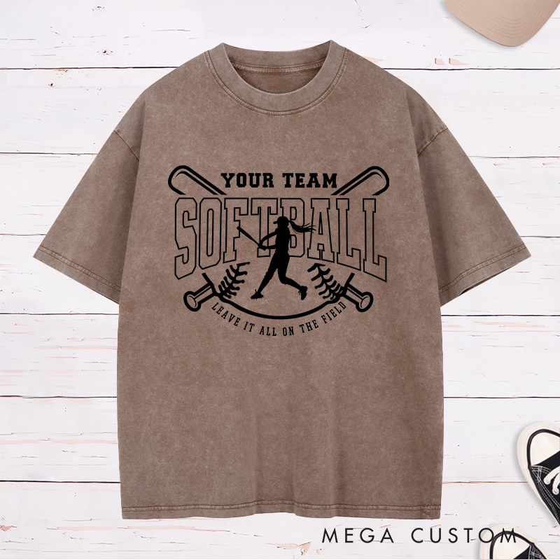 Softball Team Washed T-Shirt Featuring Customizable Team Name Player Silhouette and Motivational Slogan Design