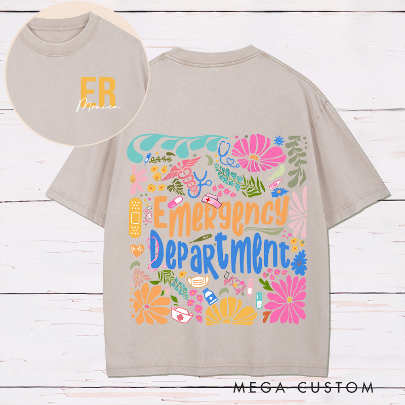 Personalized Two Sides Printed Washed T-Shirt Customized Emergency Department Vibrant Floral Design Washed T-Shirt 