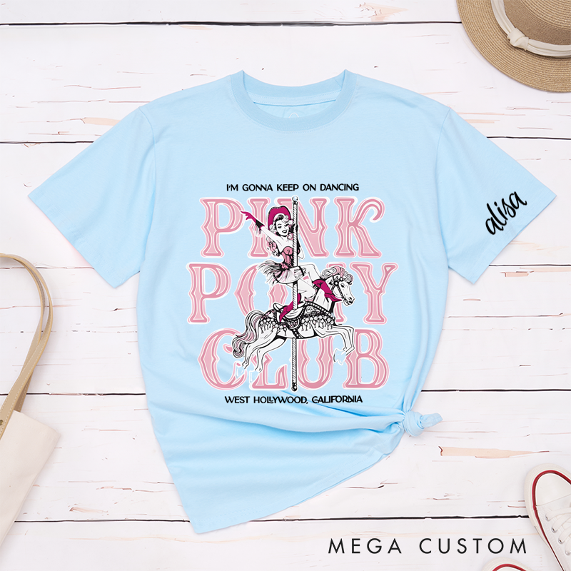 Personalized Classic T-Shirts Retro Pink Pony Club T-Shirt Vintage Western Cowgirl on Carousel Horse Fun Graphic Tee
