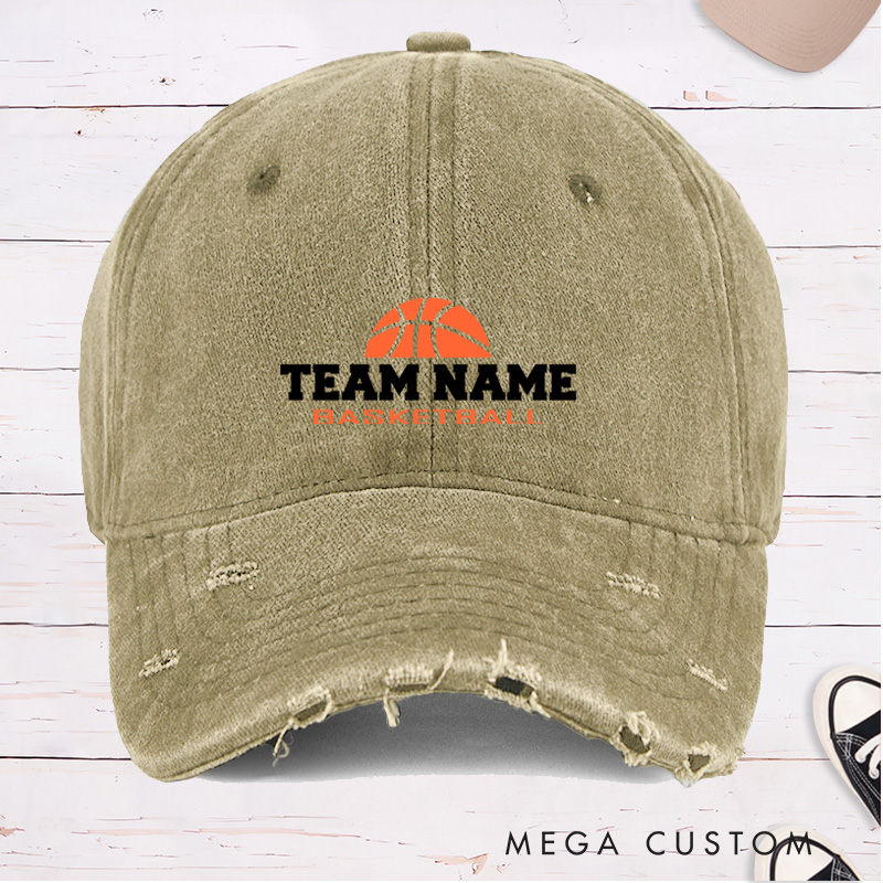 Personalized Distressed Denim Basketball Cap with Custom Team Name Design