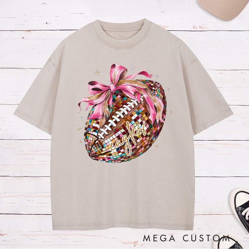 Personalized American Football and Rugby Pink Disco Washed T-Shirts with Custom Name,Cute Girly Football Gift for Women