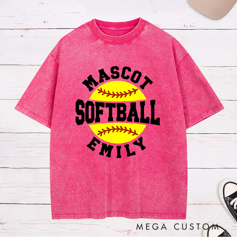 Personalized Softball Washed T-Shirt Design Featuring Custom Team Name Player Name Bold Typography and Vibrant Softball Graphic