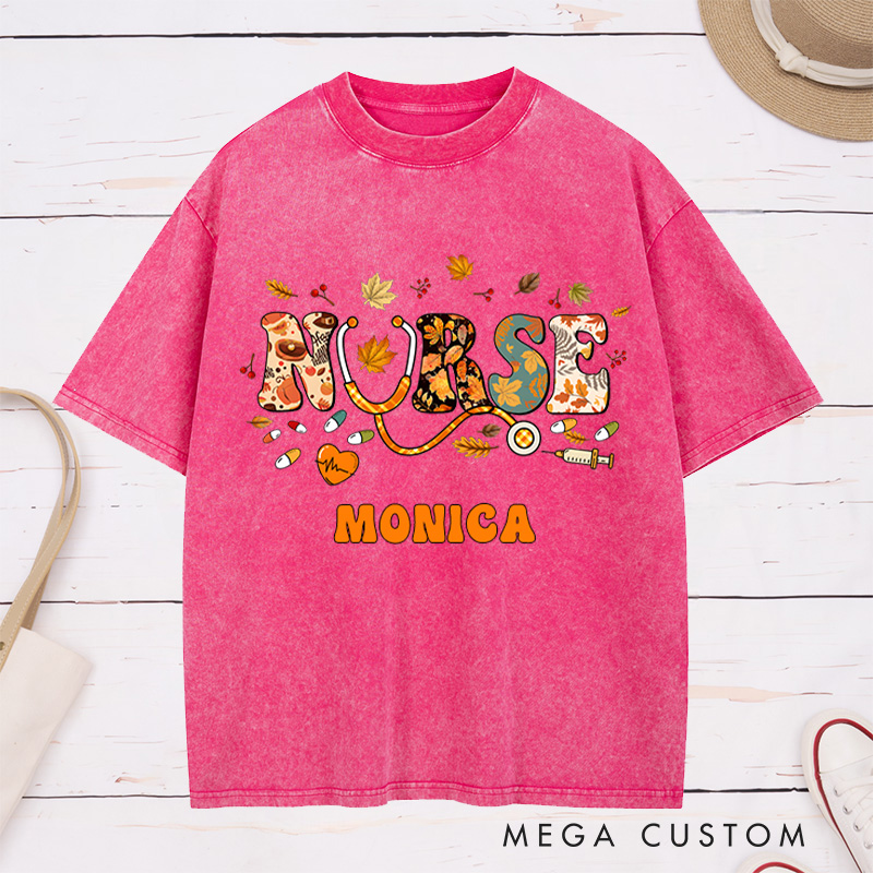 Personalized Nurse Washed T-Shirt Customized Autumn Nurse Design Washed T-Shirt 