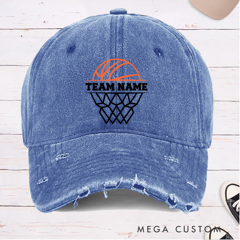 Personalized Distressed Denim Basketball Cap with Customizable Team Name Design for Sports Fans