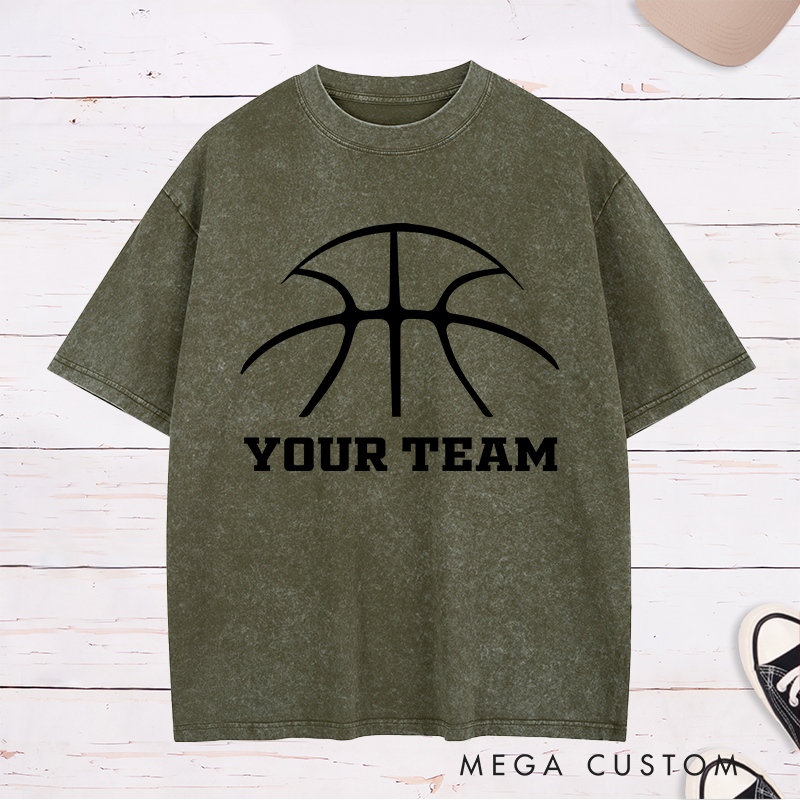 Personalized Washed T-Shirt Design Featuring a Minimalist Basketball Graphic with Customizable Team Name in Bold Text