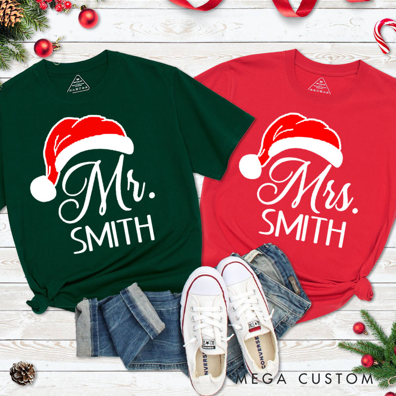 Personalized Couple Mr. and Mrs. with Santa Hat Christmas Matching T-Shirt Couple Xmas T-Shirt for Husband Wife Boyfriend Girlfriend Tee Tops