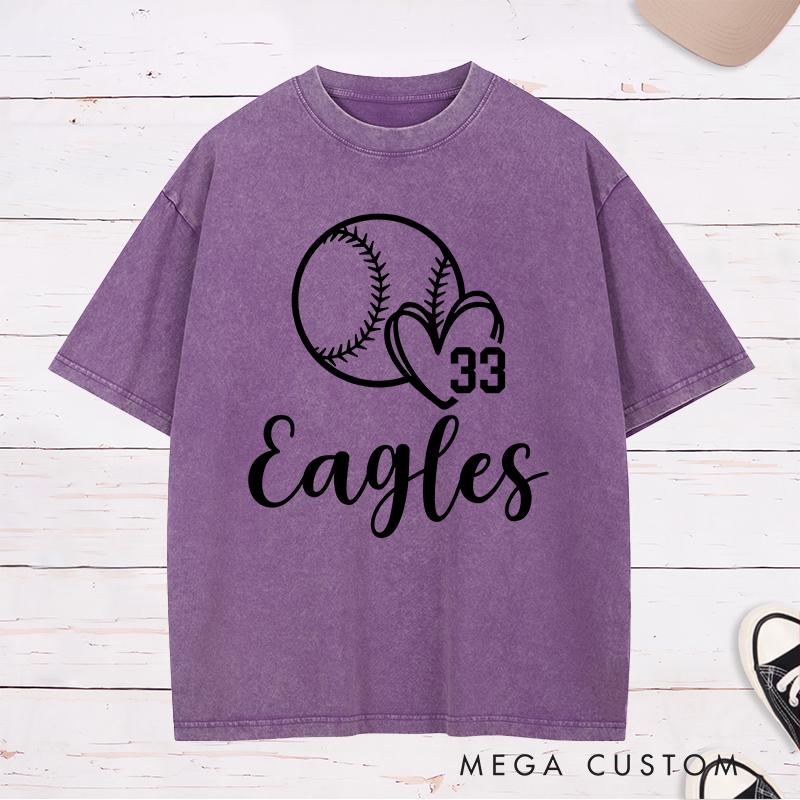 Personalized Softball Team Washed T-Shirt Design Featuring Customizable Team Name Heart and Player Number with Softball Graphic