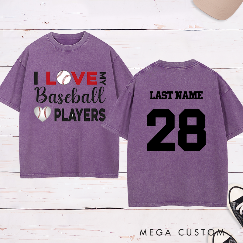 Personalized "I Love My Baseball Players" Washed T-Shirt with Custom Name and Number   