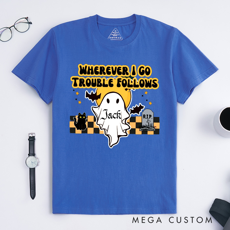 Personalized Where I Go Trouble Follows Hi I Am Trouble Funny Halloween Couple Matching T-Shirt