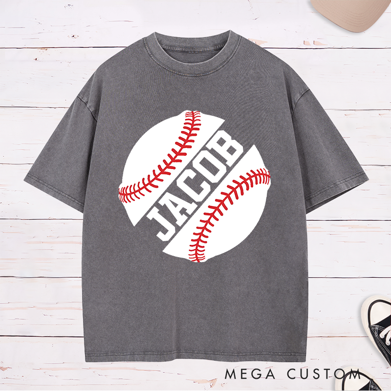 Personalized Game Day Washed T-Shirt with Striking Half Baseball Art and Custom Text