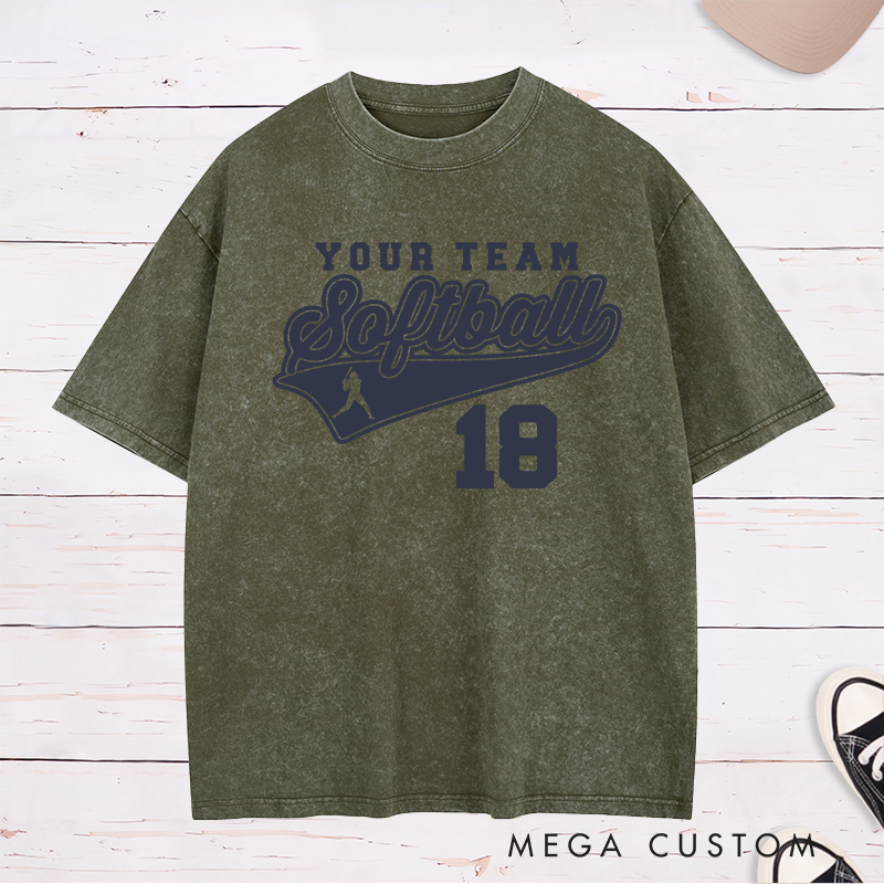 Personalized Softball Team Washed T-Shirt Design Featuring Customizable Team Name Bold Script Softball Text Dynamic Swoosh Element Player Silhouette and Custom Number