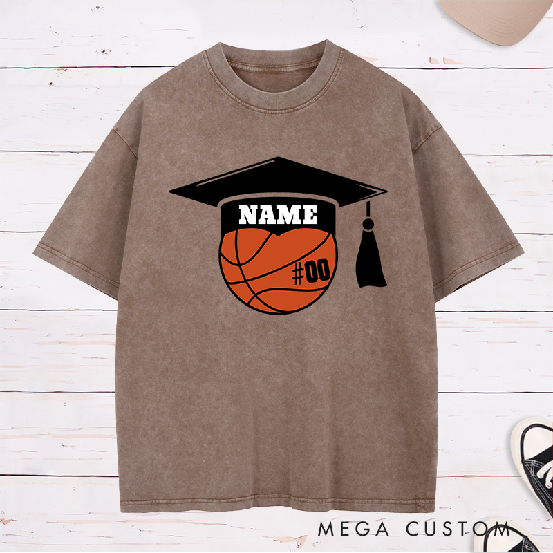 Personalized Washed T-Shirt Design Featuring a Basketball Graduation Cap Graphic with Customizable Jersey Number for a Unique Senior Look