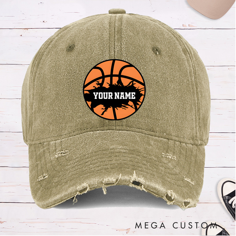 Personalized Distressed Denim Basketball Cap with Custom Name and Skyline Basketball Design