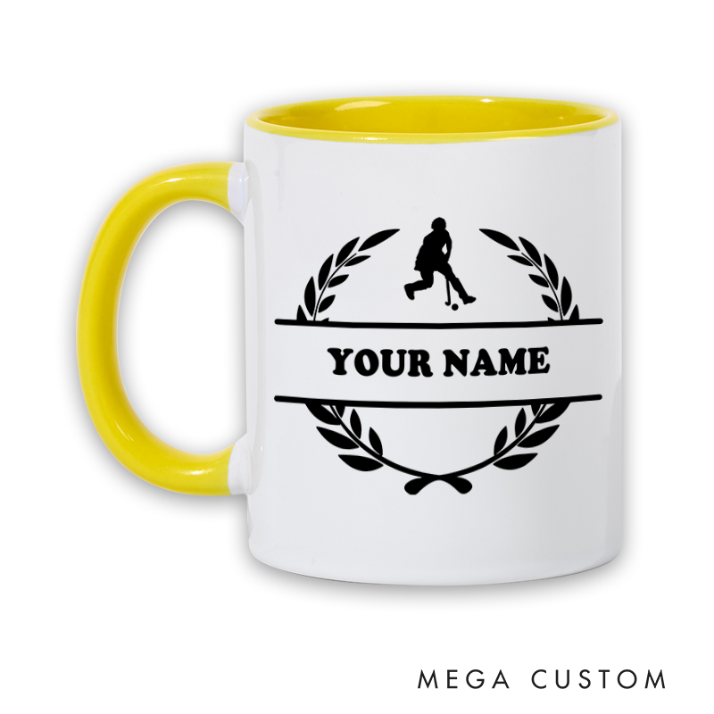 Personalized Hockey Mug with Custom Name Laurel Wreath and Player Silhouette Design Perfect Gift for Hockey Fans and Players