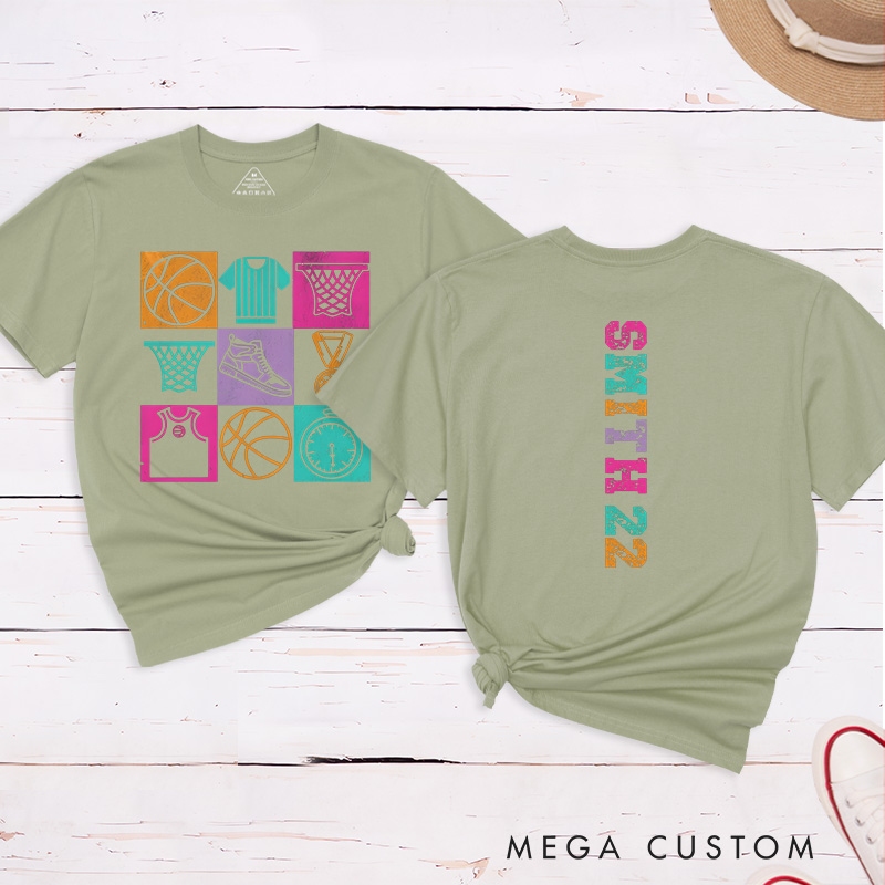 Personalized Basketball T-Shirt Design Featuring Colorful Sports-Themed Graphics on the Front with Customizable Name and Number on the Back
