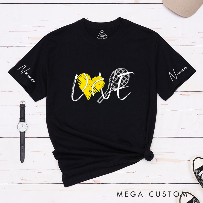 Personalized Tennis Love T-Shirt with Heart and Racket Design and Custom Name